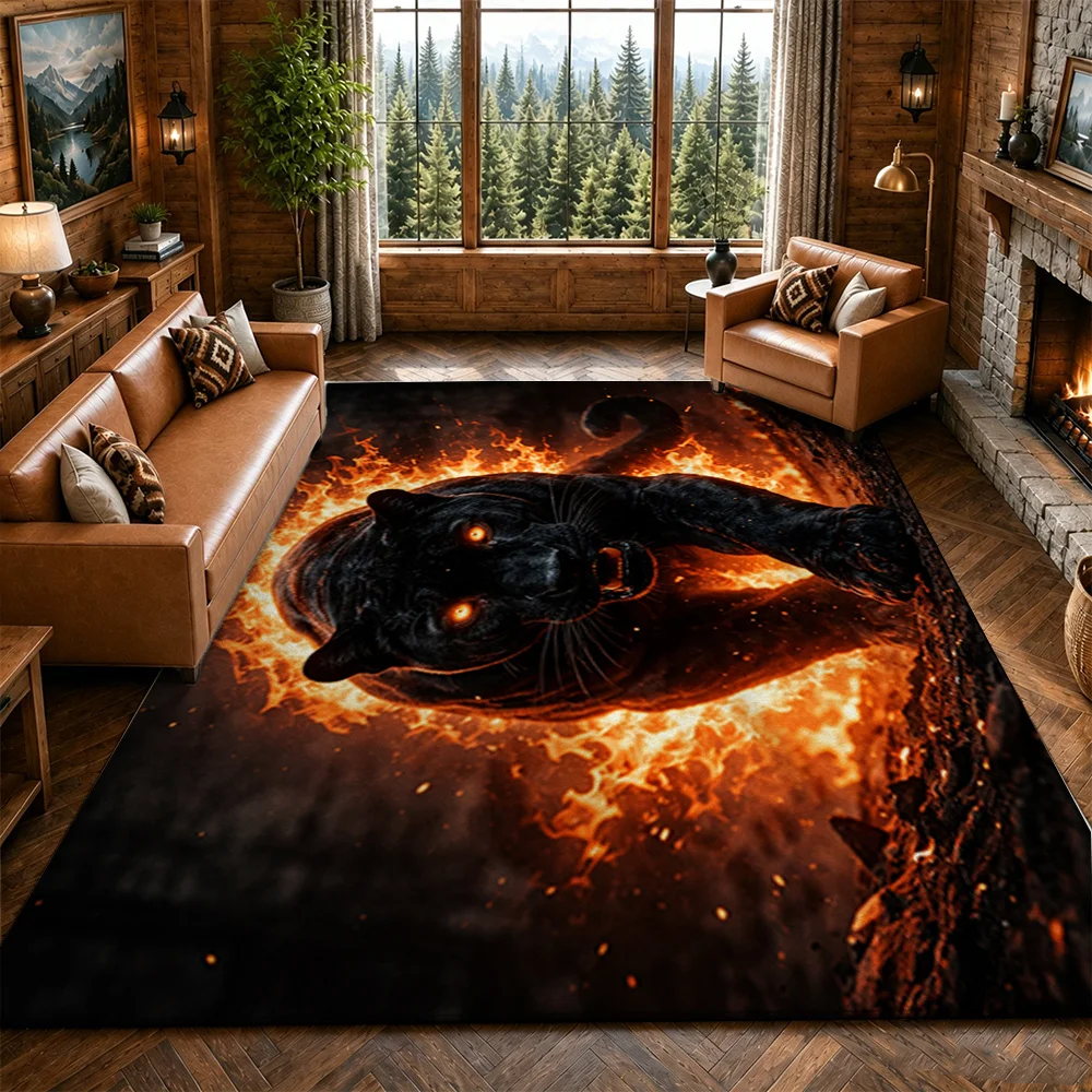 1pc Modern Retro Area Rug, Puma with Orange & Black Flames Pattern, Non-Slip,Easy to Clean, Soft & Lightweight, Machine Washable
