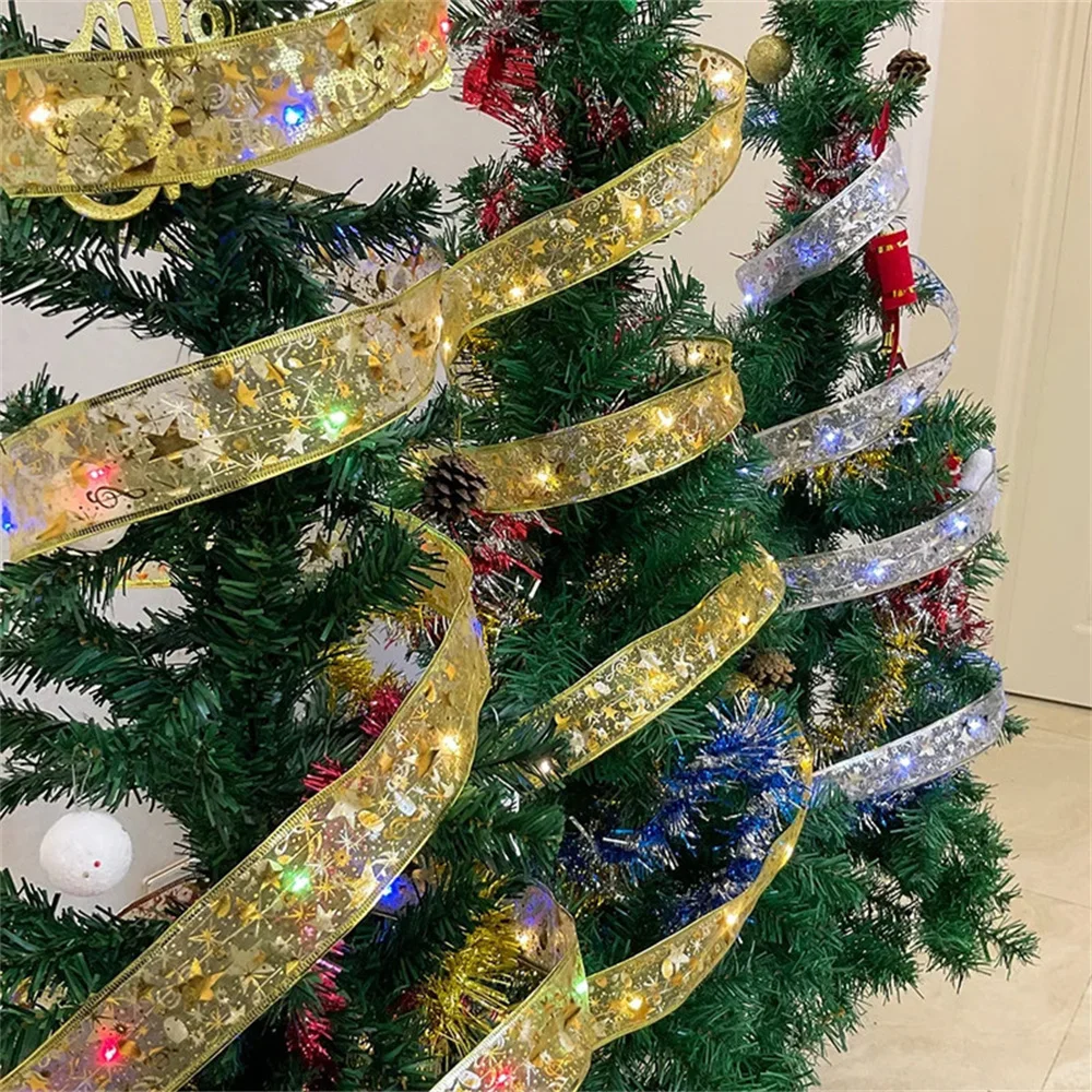 Christmas Tree Accessories Decoration String Lights Battery Operated Christmas Ribbon with Lights for Christmas New Year Indoor