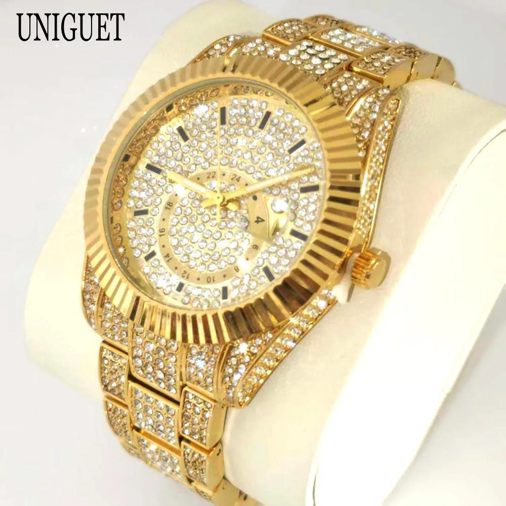 Fashion Ice Watches Men Brand UNIGUET Luxury Stainless Steel Hip Hop Diamond Bling Jewelry Quartz Wristwatch Male Dropshipping