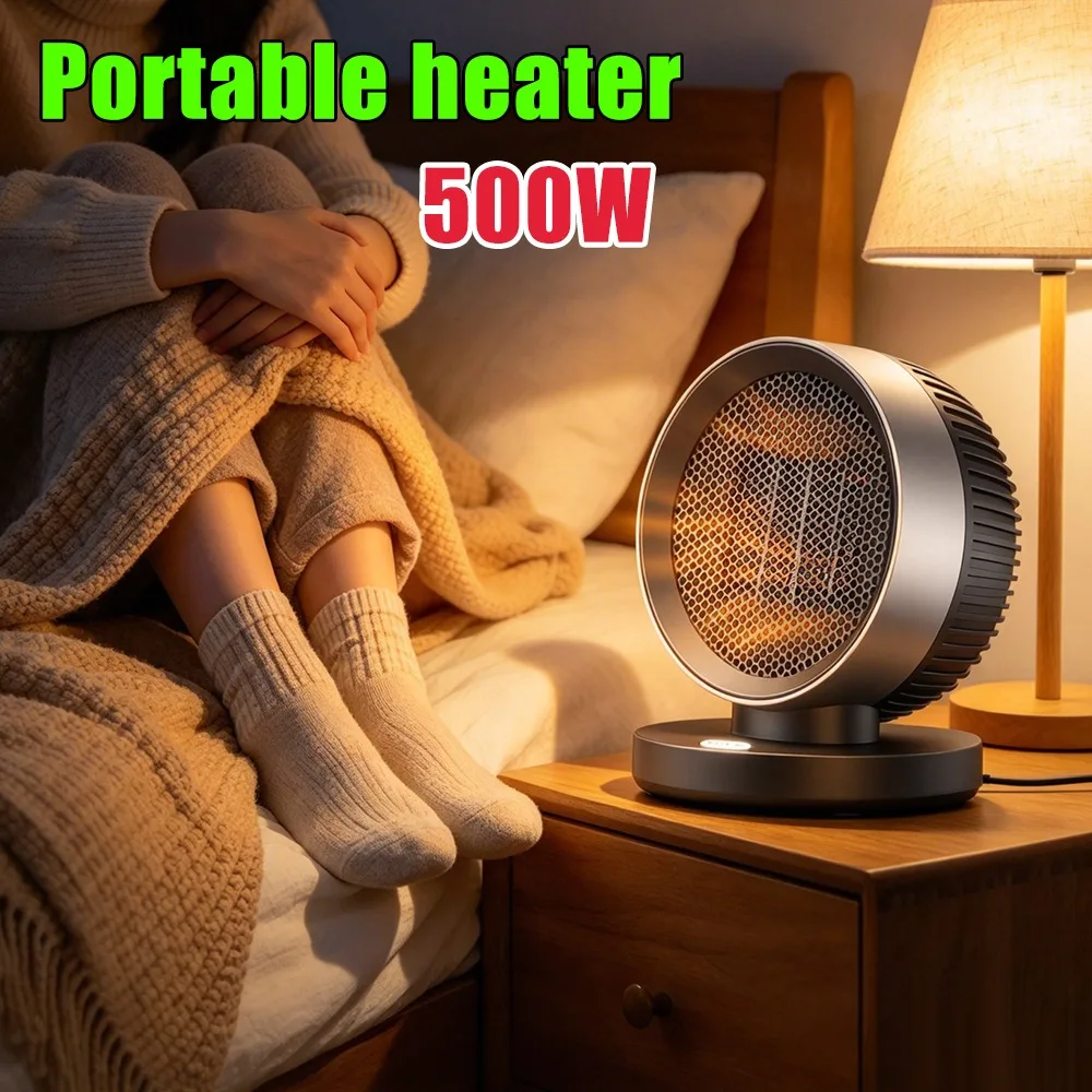 PTC Fan Heater Home Office Electric Warmer Portable Desktop 500W Fast Heating Tip Over Protection Low Noise Low Light