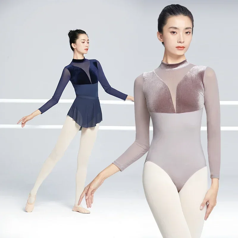 Ballet Leotards for Women Velvet Patchwork Mesh Gym Leotards Adult Ballerina Clothes Long Sleeve Stand Collar Dancing Bodysuit