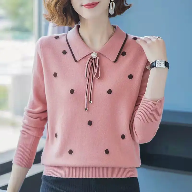 2023 Frühling Herbst lässig Polka Dot Peter Pan Kragen Pullover weibliche Kleidung einfarbige Schleife schicke Perle Knopf lose Pullover