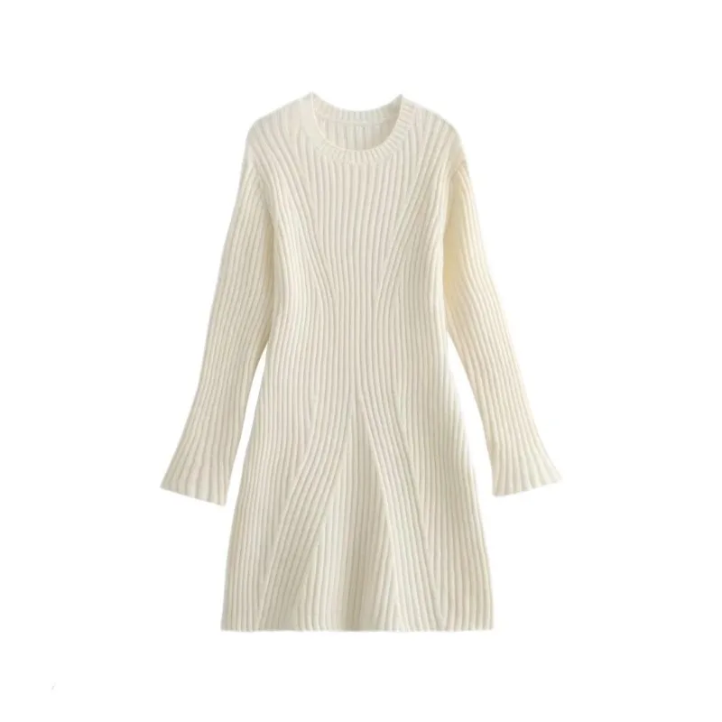 Femmes tricoté mince a-ligne moulante blanc robe mince col rond à manches longues robe solide décontracté Midi robe pull côtelé automne hiver