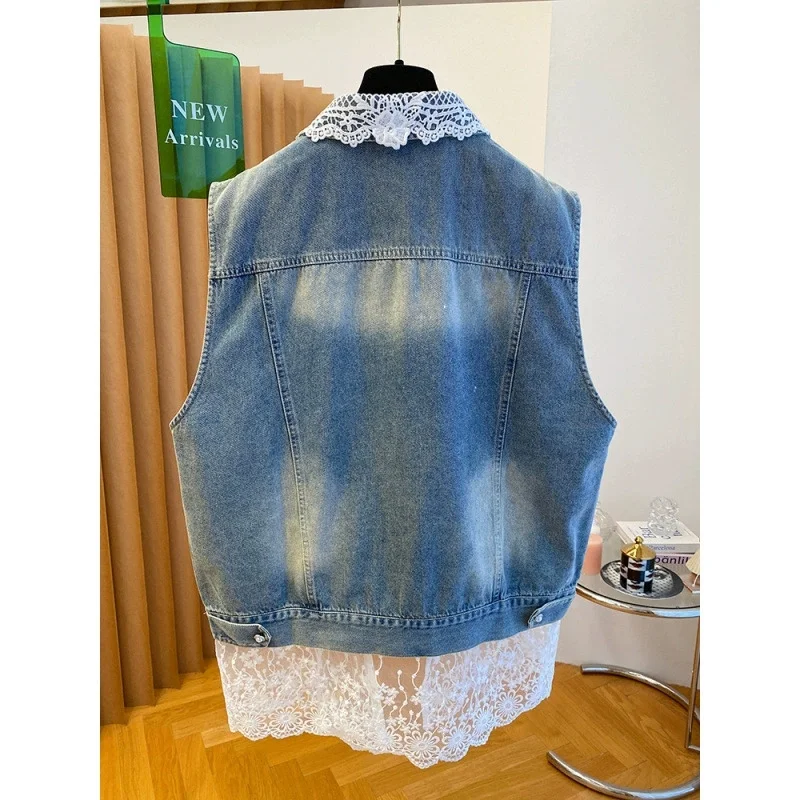 Damska kamizelka jeansowa jesienno-letnia codzienna bezrękawnik kurtka z koronkowymi wstawkami płaszcz dżinsowy streetwear damska kowbojska kamizelka chaleco mujer