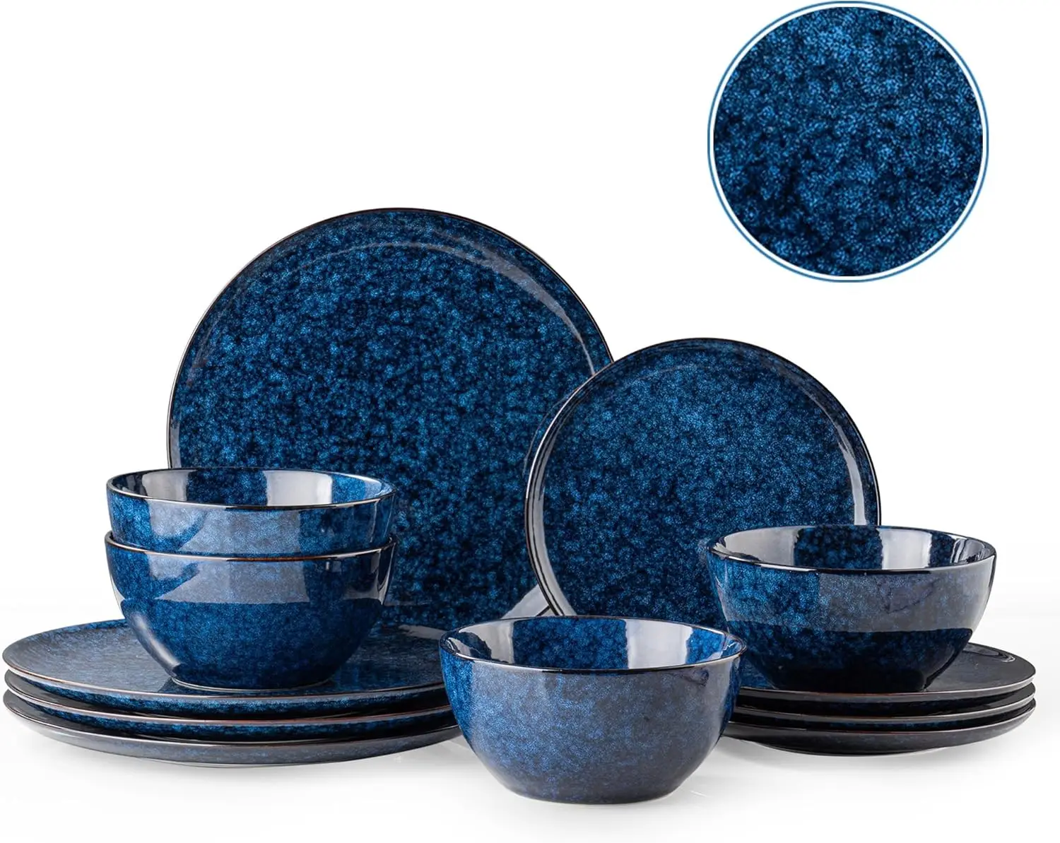

Plates and Bowls Sets, 12 Pieces Dark Blue Dinnerware Sets for Kitchen, Reactive Glaze Dishes Set for