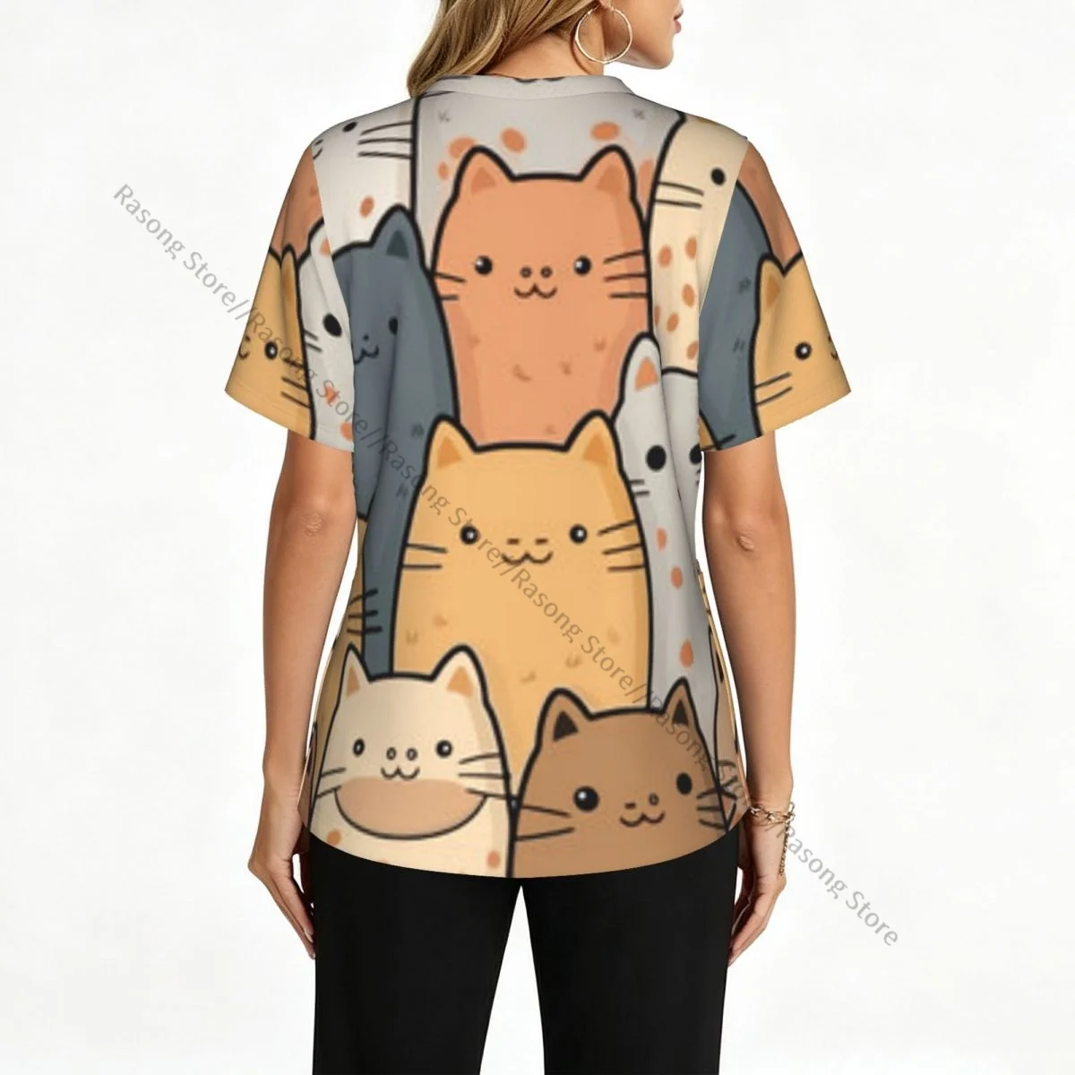 Women Scrubs Blouse Medical Nurse V-neck Clinical Scrubs Top Cats Cartoon Print Operating Room Work T-shirt