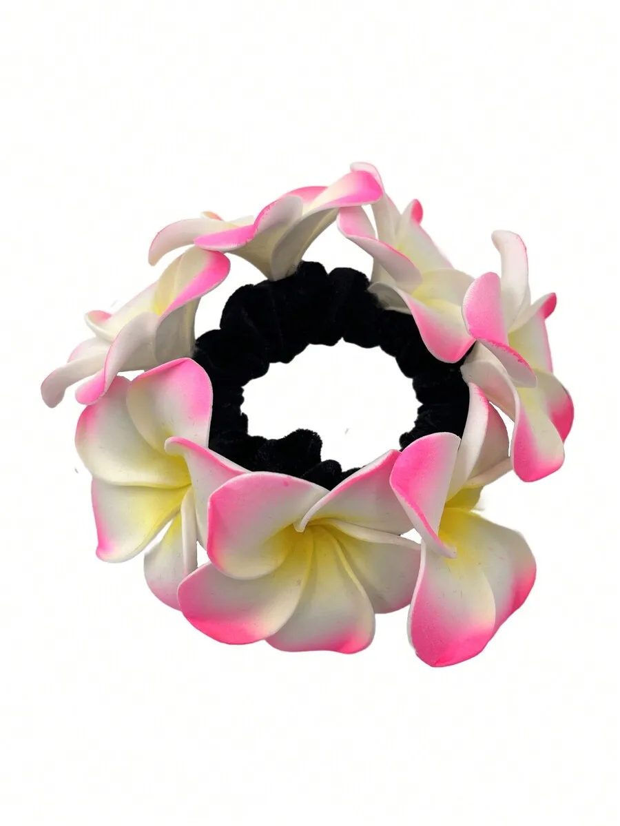 

Hawaiian Plumeria Foam Hair Scrunchie For Women Elastic Hair Tie Bun Ponytail Holder Floral Head Accessory