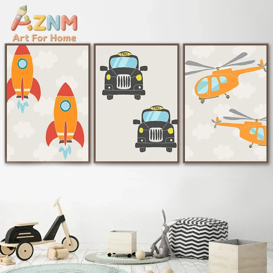 AZNM Transport Vehicle Canvas Wall Art Rocket Bus Helicopter Tractor Sailboat Cartoon Print Poster Boys Nursery Decor