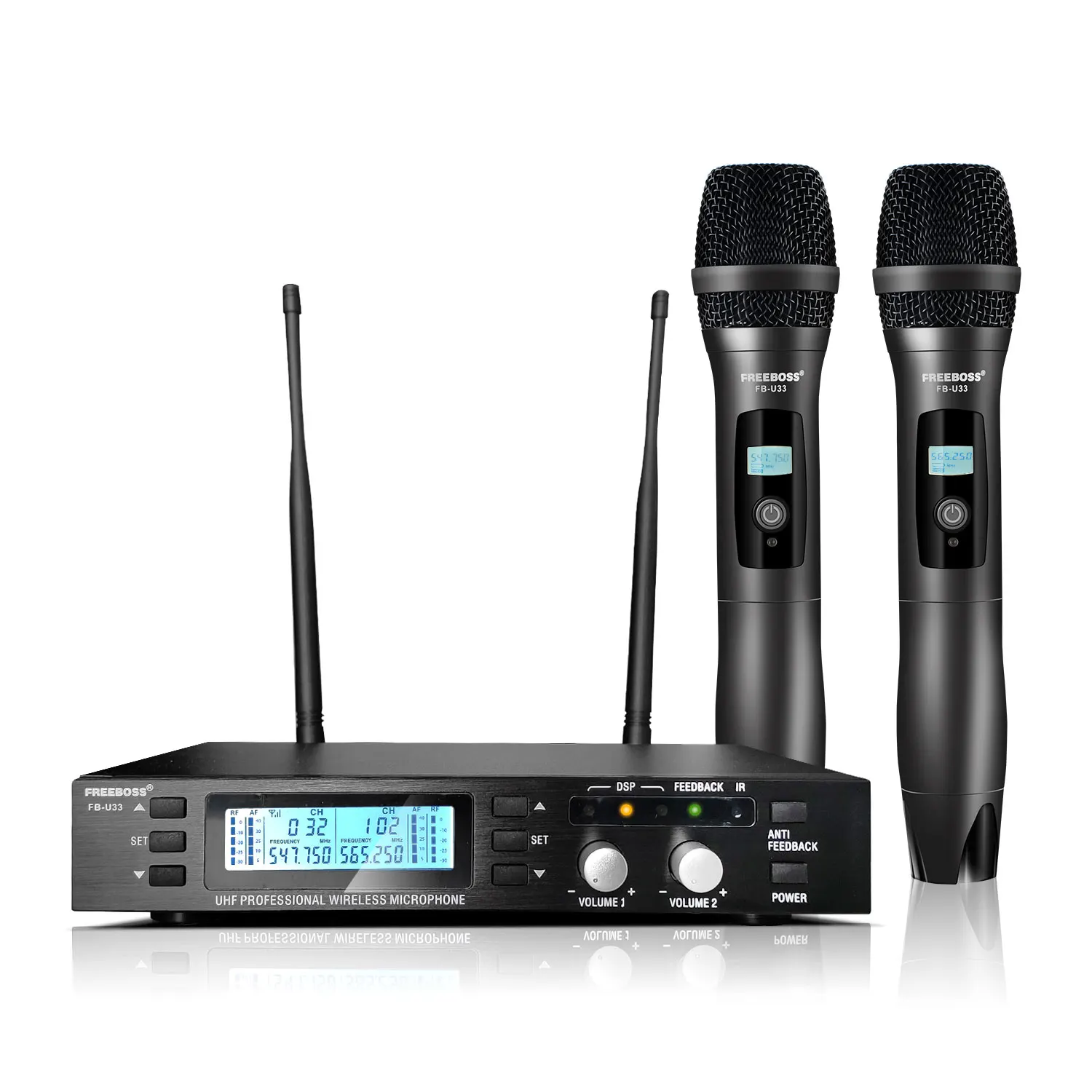 

FB-U33 Anti-feedback Wireless Microphone UHF Adjustable Frequency Metal Handheld Dynamic Cordless Mic Delay Effect Home Party