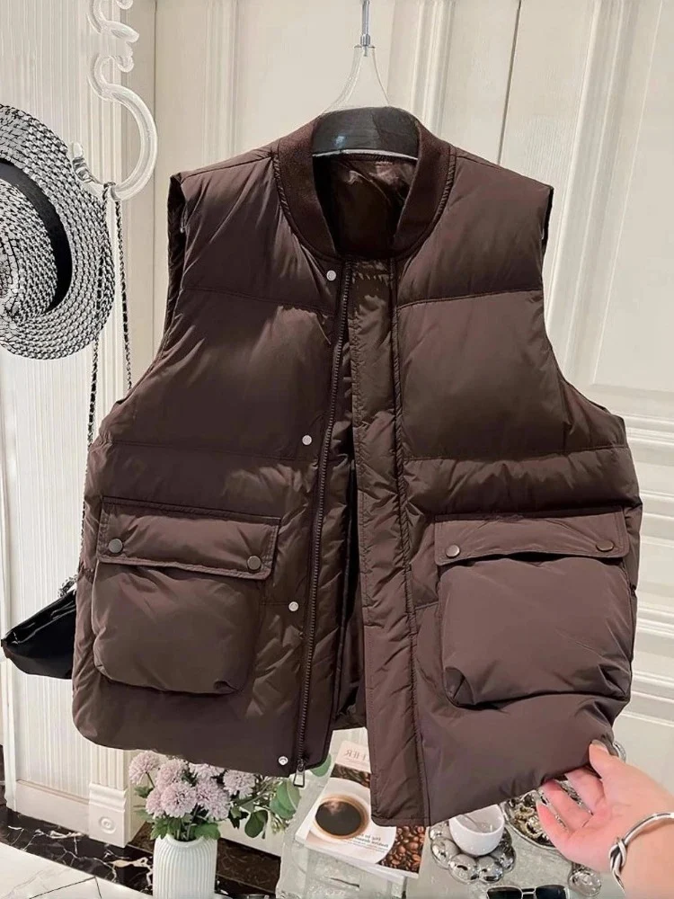 

Women's Stand Neck Sleeveless Vest Coat New Winter Clothing All Match Jacket Fashion Pocket Thicked Warm Coats 2025 Ropa Mujer