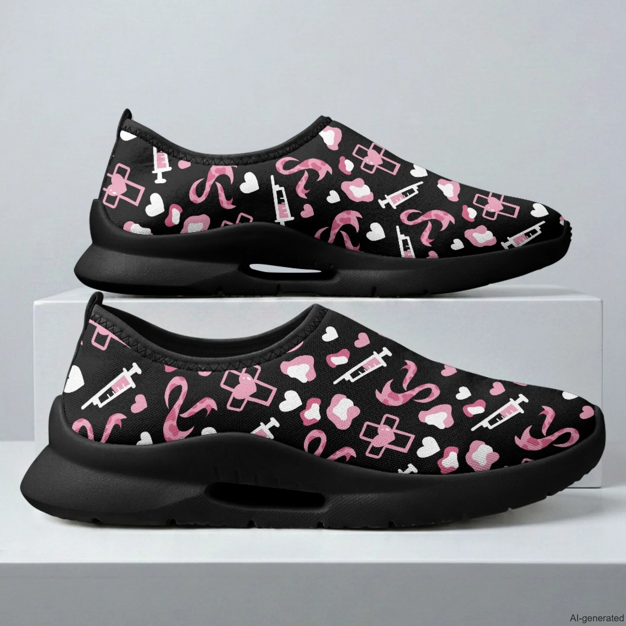XIXIRIMIDO Nurse Shoes Black Casual Shoes Slip On Walking Shoes Pink Ribbon Breast Cancer Shoes Ladies Sneakers Male Sneakers