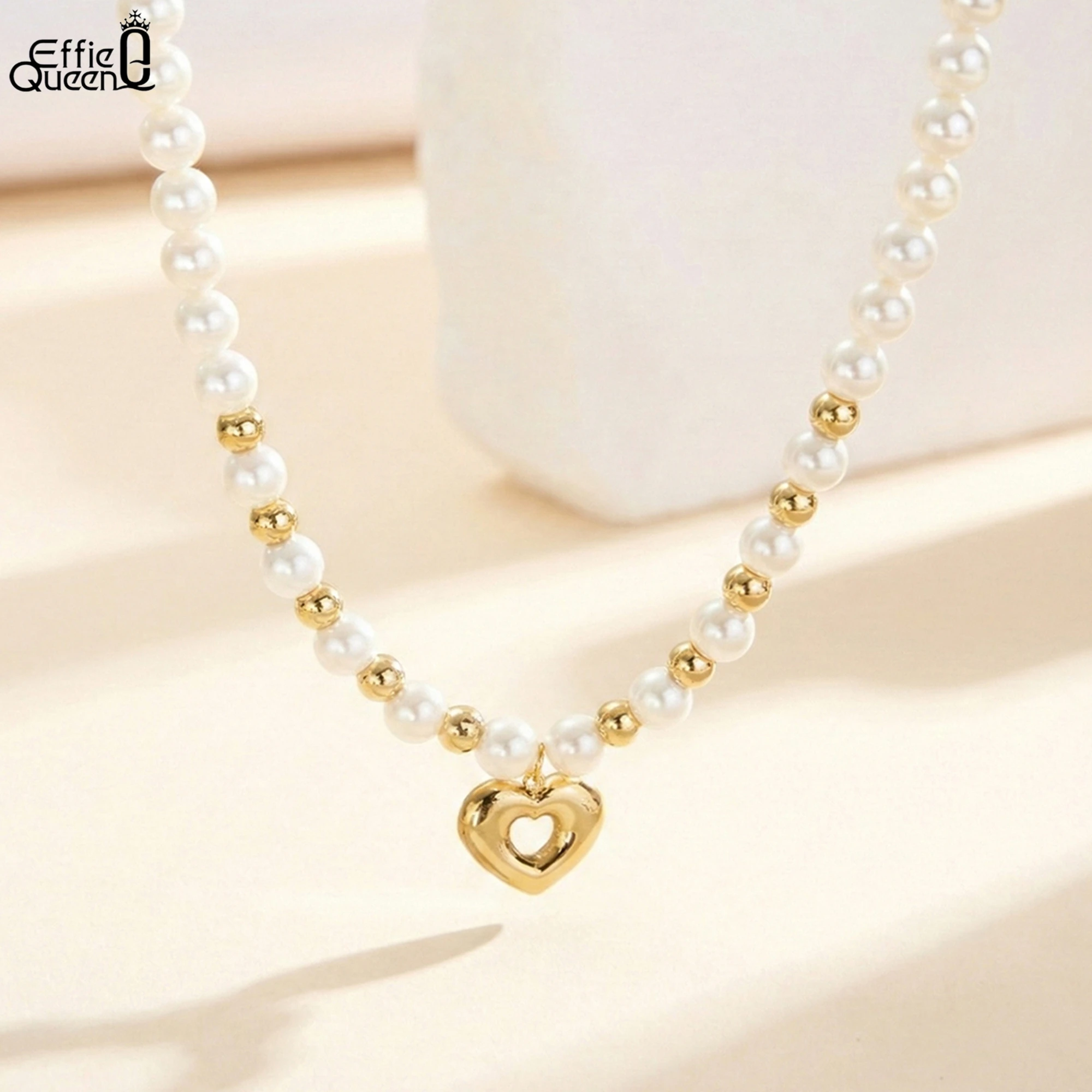 

EFFIE QUEEN Stainless Steel Heart Pearl Chain Choker Necklace Natural Jewelry for Women Wedding Party Banquet Accessory STPN08