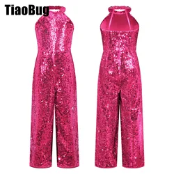 Kids Girls Shiny Sequin Dance Pageant Romper Halter Neck Strapy Back Sleeveless Wide Leg Pants One-Piece Jumpsuit for Party