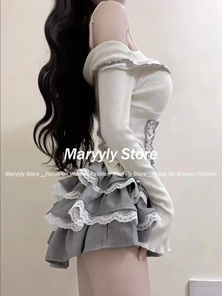 Japanese Sweet 2 Piece Set Women Sexy Hot Girl Off Shoulder Slim Tops + Y2k Lace Mini Cake Skirt Autum New Women Skirt Outfits