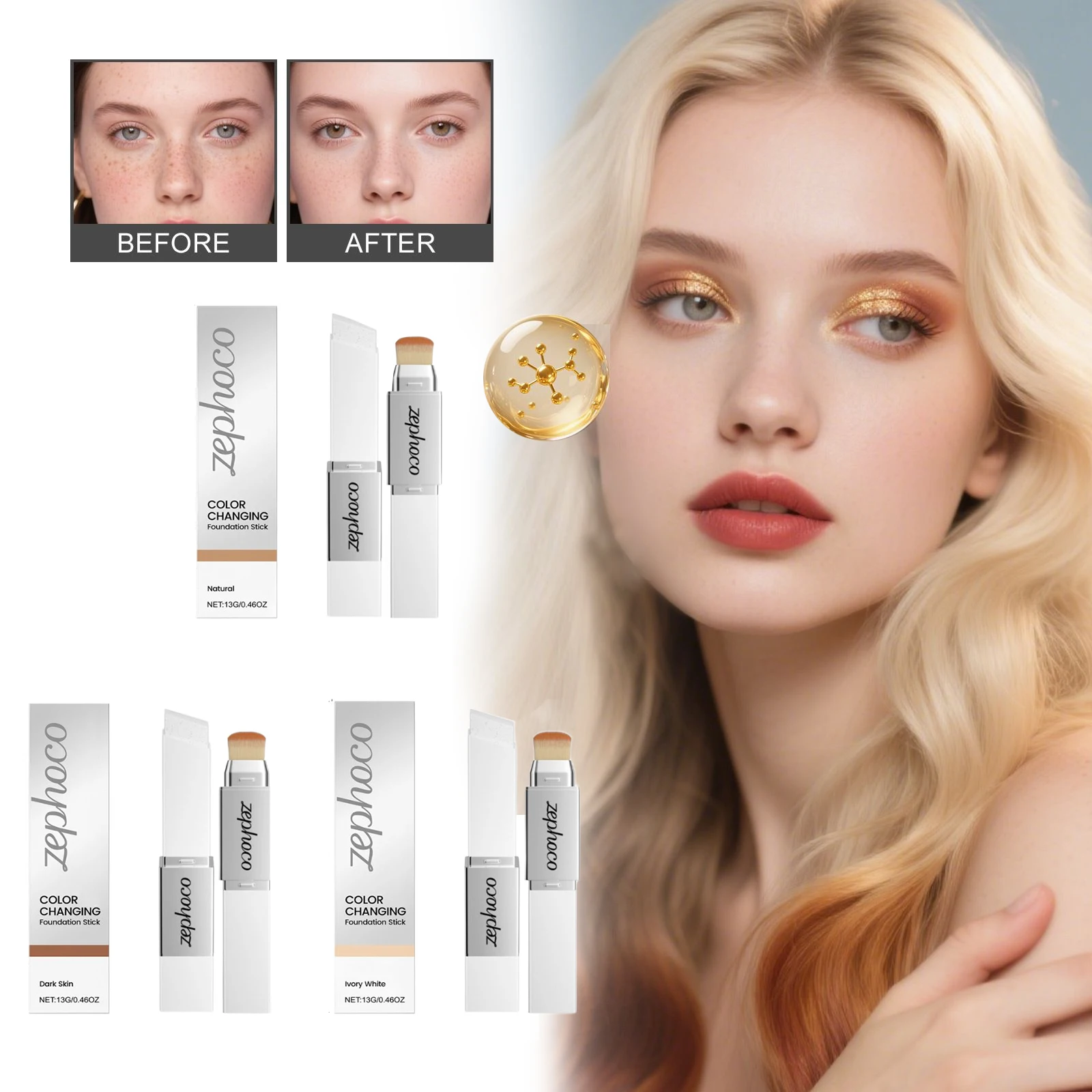 

2 in 1 Color Changing Foundation Stick Waterproof Oil Control High Coverage Concealer Lightweight Portable Makeup