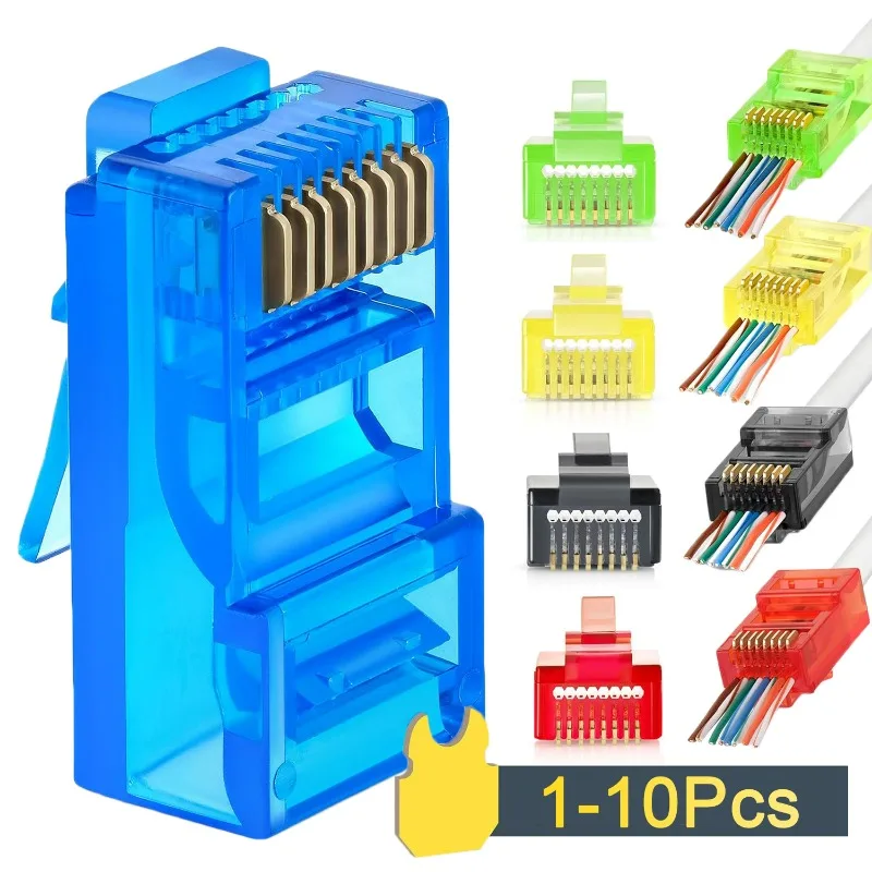 カラフルなrj45パススルーコネクタ、ソリッドインバットネットワークケーブル用モジュラープラグ、金メッキ、8p8cネットワークプラグ