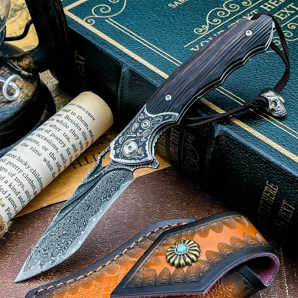 

Складной карманный нож EDC для активного отдыха, дамасская сталь, рукоять из черного дерева, портативный охотничий нож для выживания, для кемпинга, режущий инструмент