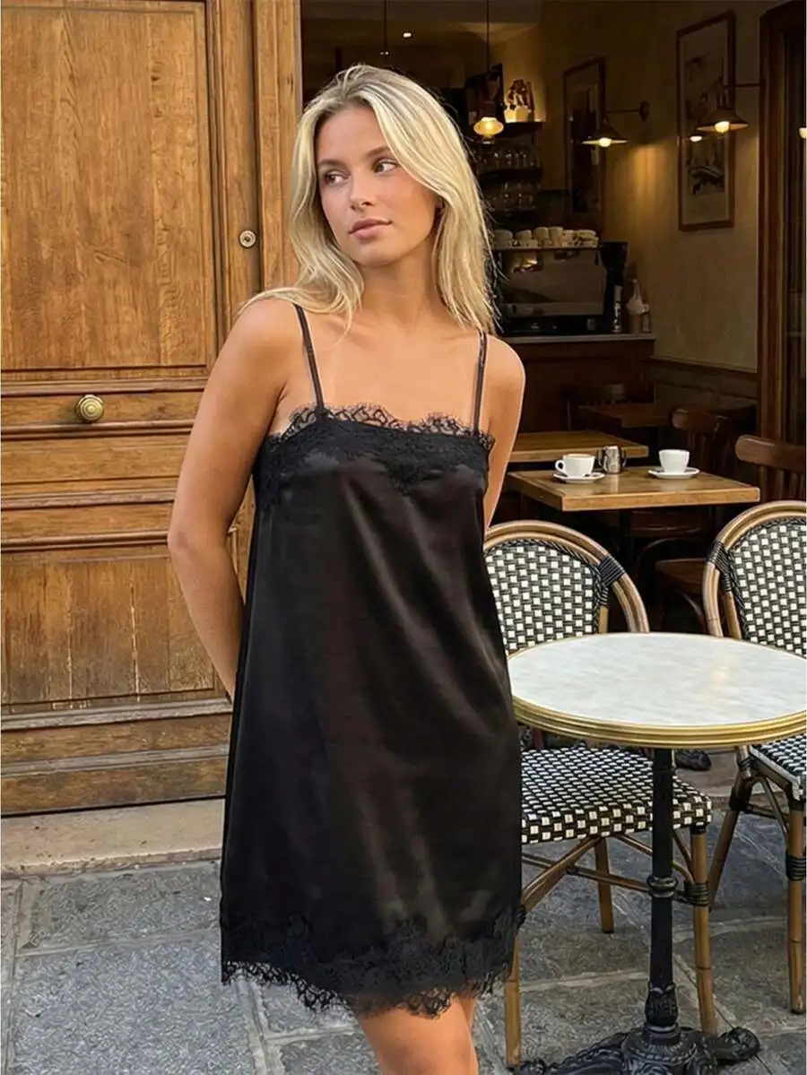 

Womens Black Lace Trim Spaghetti Strap Satin Cami Mini Dress