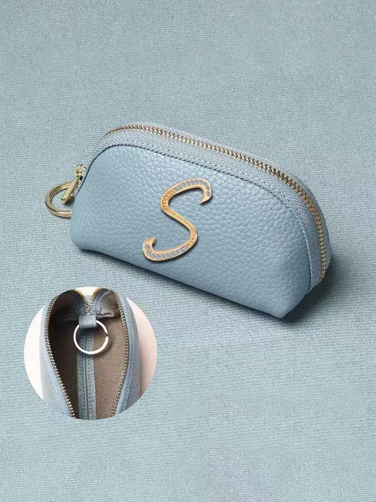 Customized Compact PU Key Wallet - Ideal for Cars & Home Keys Personalized Customer Name Lustrous Diamond Letter Decor in Gold P