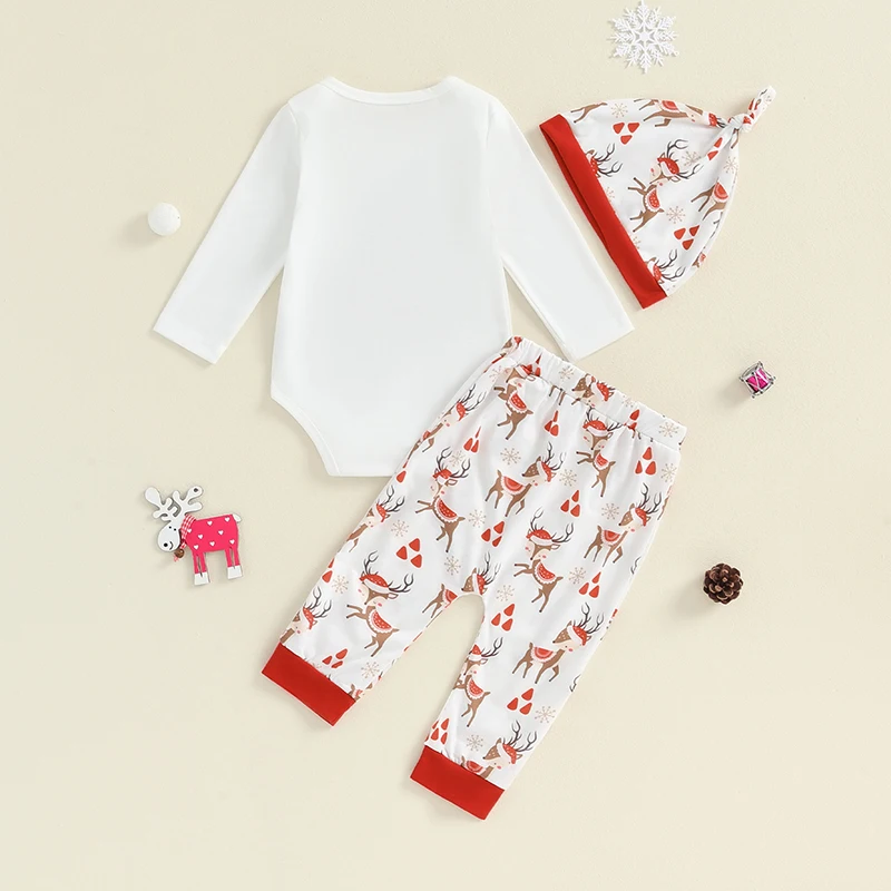 Baby Boy Girl My First Christmas Clothes Sets Long Sleeve Letter Deer Print Romper Elastic Pants with Hat 3Pcs Newborn Outfit