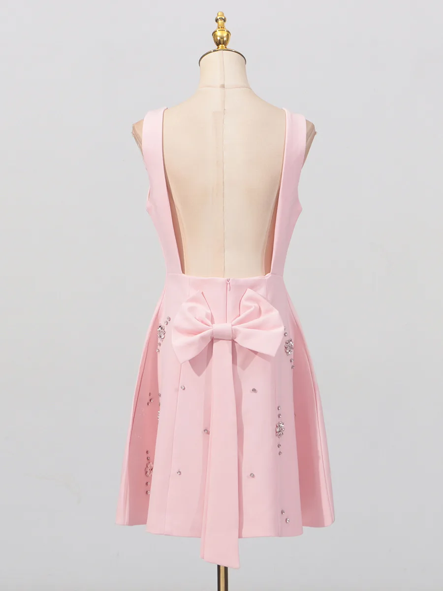 High-end luz vestido de festa de luxo 2026 roupas de verão nova indústria pesada diamante gola quadrada cintura halter arco vestido curto