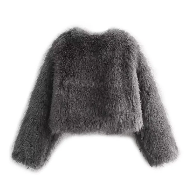 Grey Artificial Fur Coat for Women Autumn Winter O-Neck Buckle Short Overcoat Solid Color Long Sleeved Thickened Warm Outerwear