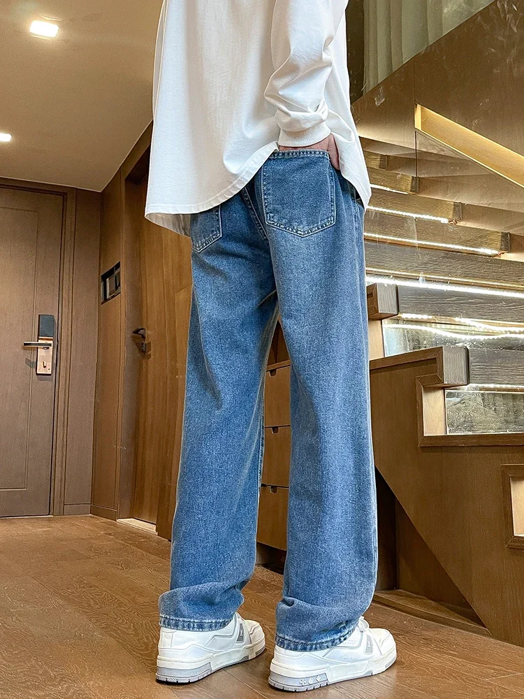 2025 pantalones vaqueros de pierna semianchos para primavera y verano para hombre, pantalones vaqueros informales de algodón lavados a la moda coreana, Pantalones rectos negros y azules