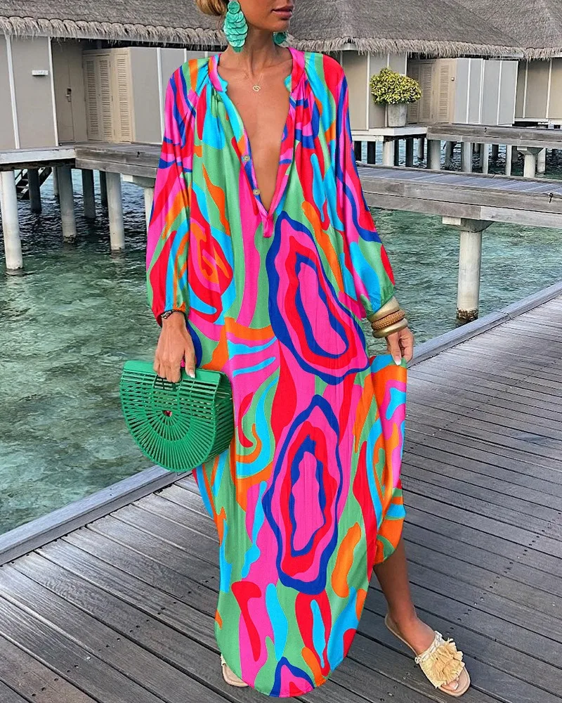 Eleganckie damskie sukienki maxi 2024 Summer Casual Fashion Retro Print V Neck Loose Boho Long Vacation Beach Dress Female Robes New