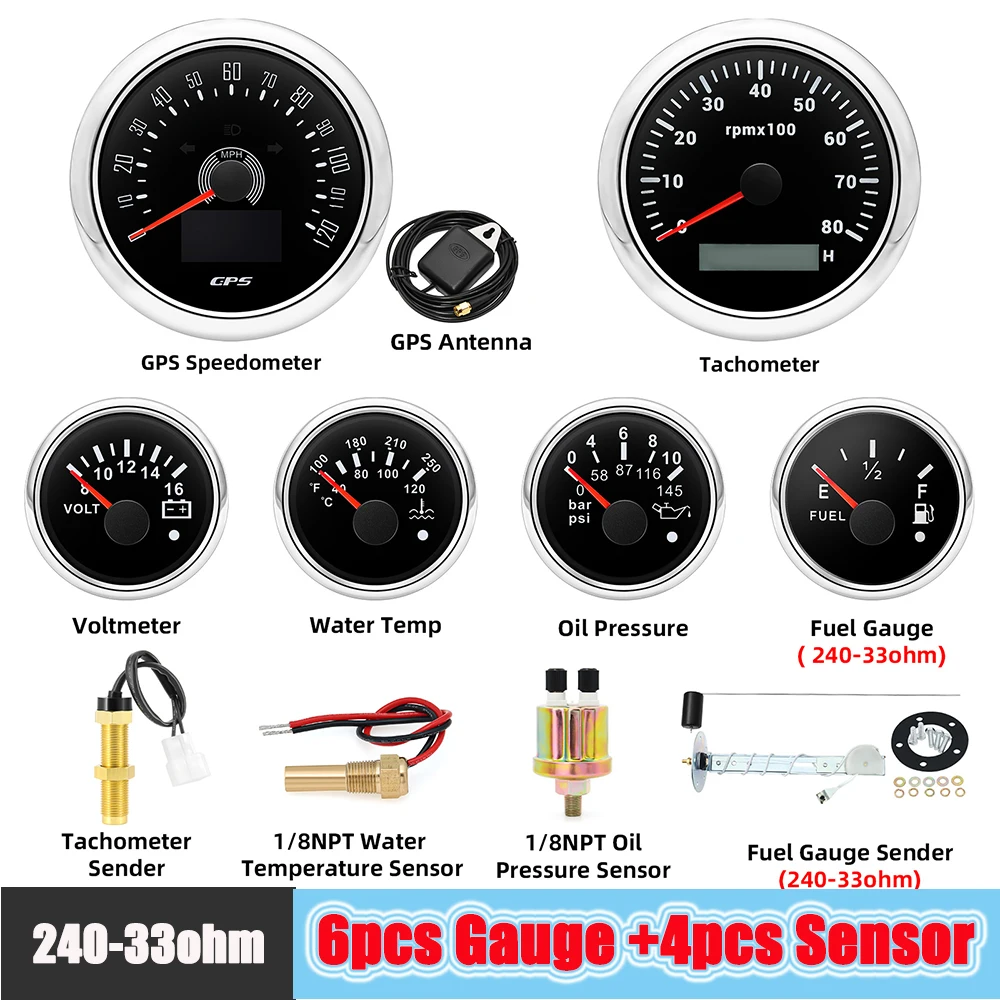 

Auto 6 Gauges Set Pointer 8000rpm Tachometer 85mm Speedometer Water Temp/Fuel Level//Oil Press Meters Voltmeter for Car Boat RV