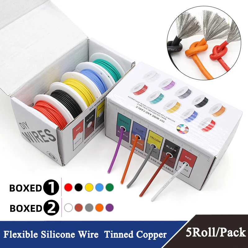 Heat Resistant Flexible Silicone Wire 30/28/26/24/22/20/18/16AWG （5 Colors Mix Kit）Stranded Cable Electrical Tinned Copper Wire