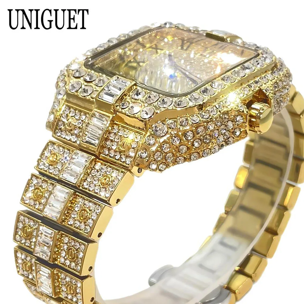 2024 New UNIGUET Iced Out Watch For Men Fashion Bling Jewelry Quartz Watches Male Hip Hop Diamond Square Wristwatch Dropshipping