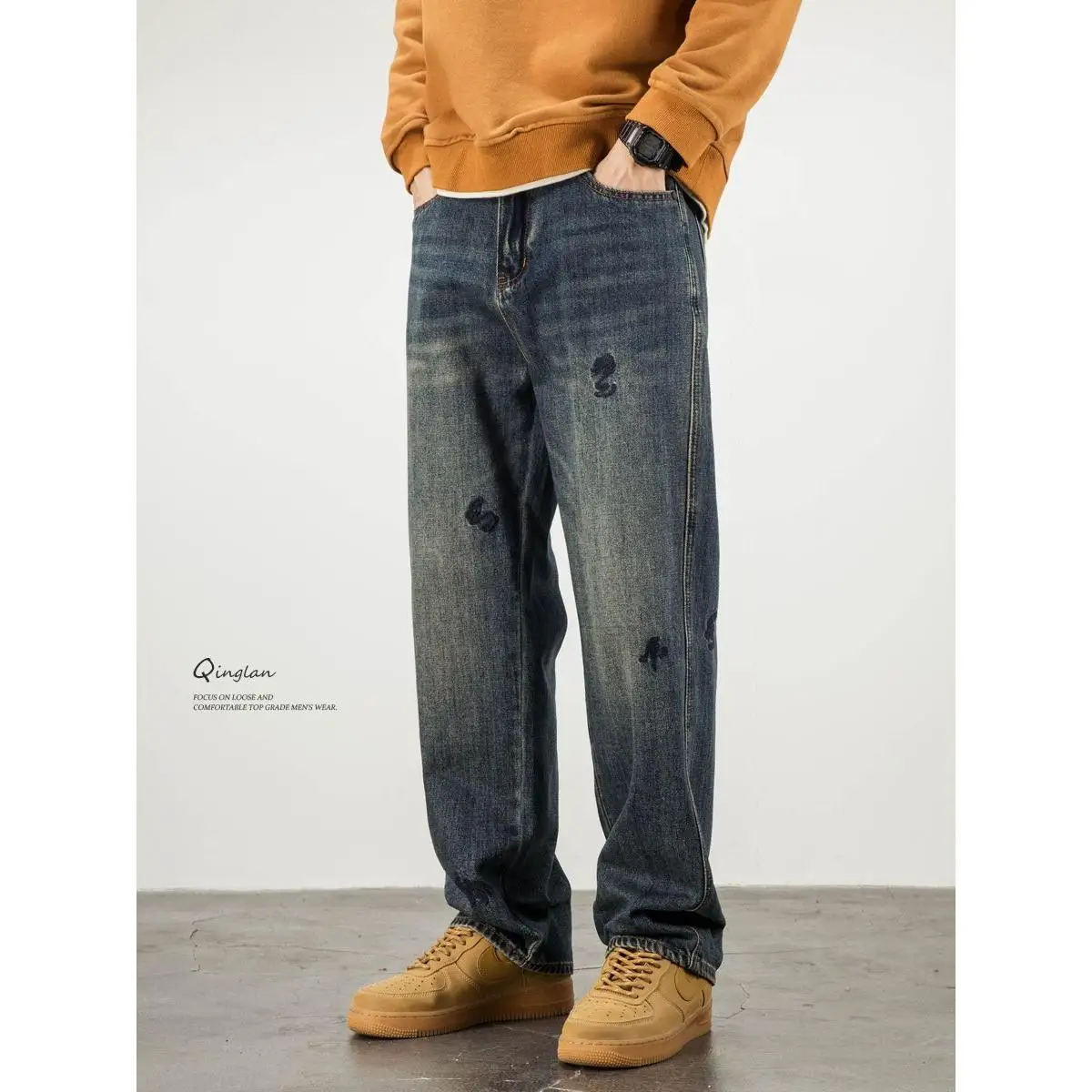 

Мужские джинсы прямого кроя с вышивкой, осенне-зимние, свободные, повседневные, в американском ретро-стиле, новинка 2025 года, молодежные, из хлопка и полиэстера