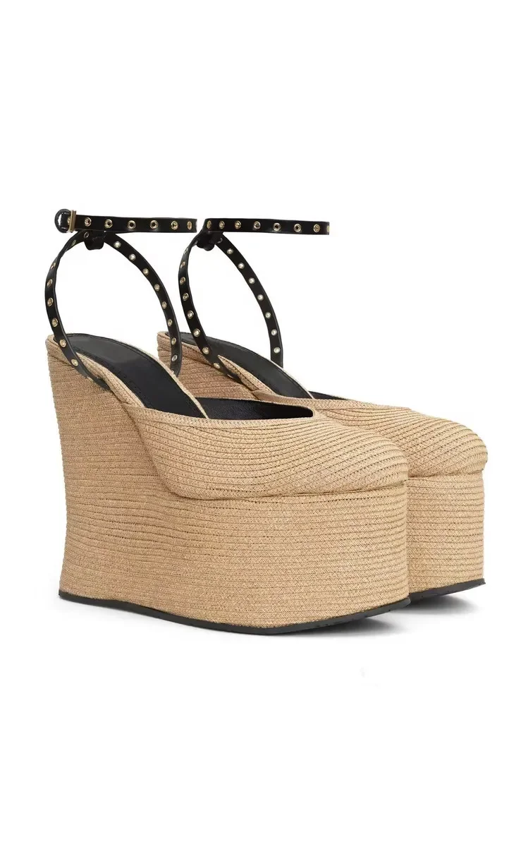 European and American Summer Grass Woven Wedge Heel Thick Soled Sandals, Thick High Heels, Party Fashionable Women's Sandals