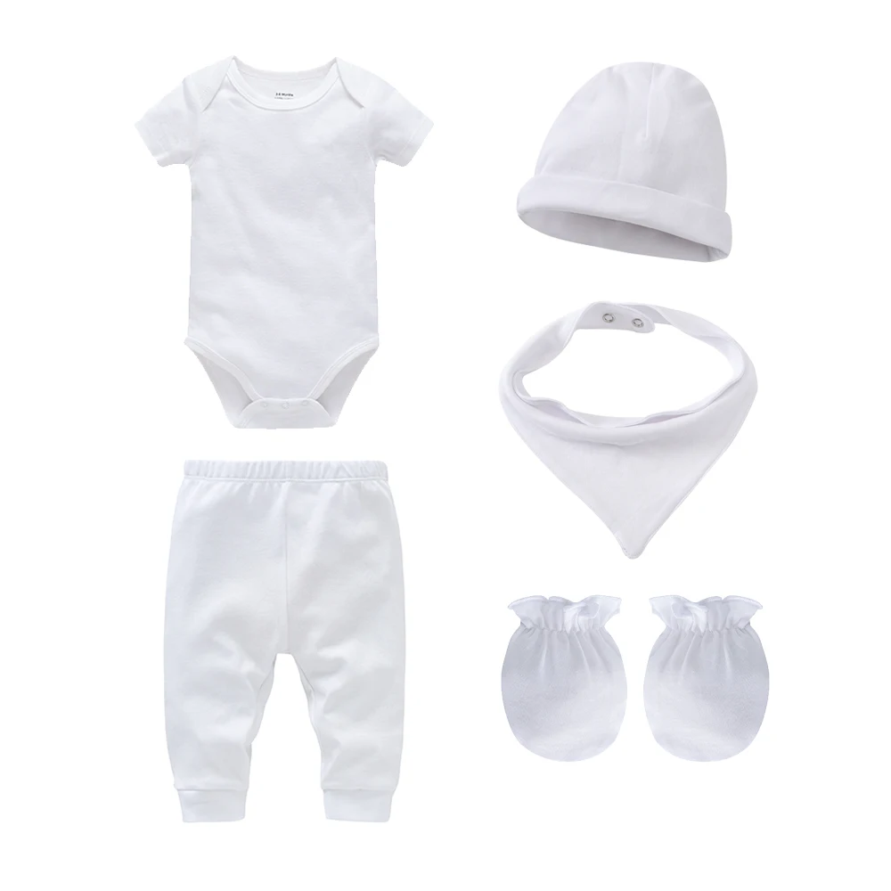 5 pezzi Set di abbigliamento per bambini mussola pagliaccetto vuoto pantaloni 100% cotone neonate pantaloni tuta cappelli semplici + bavaglini +