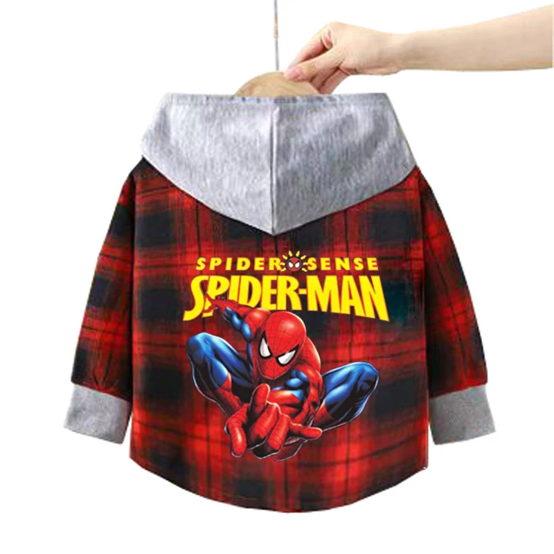 Lente kinderen jongens spiderman geruite shirts cartoon casual peuter jongen jongen mickey hooded shirts losse babyjongen top met lange mouwen