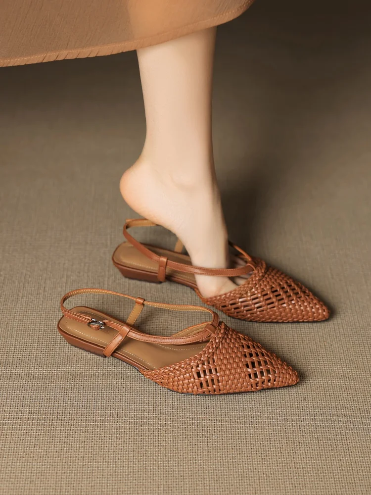 

Handmade Hollow out Pointed Toe Low Blo Heel Roman Sandals Women's Flat Bal Faionable mat Sle Casual oes