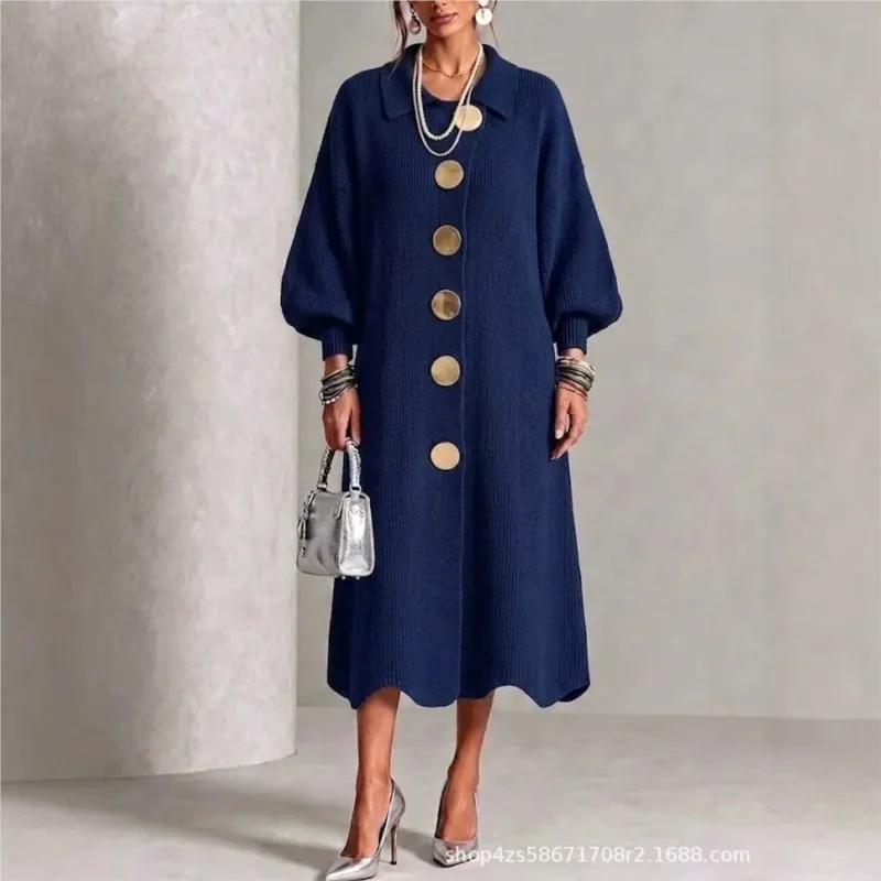 Lässiges Damen-Maxikleid mit langen Ärmeln, Knopfleiste, locker geschnitten, Herbst 2026, einfarbig, mit Umlegekragen, Kleider, Vestidos