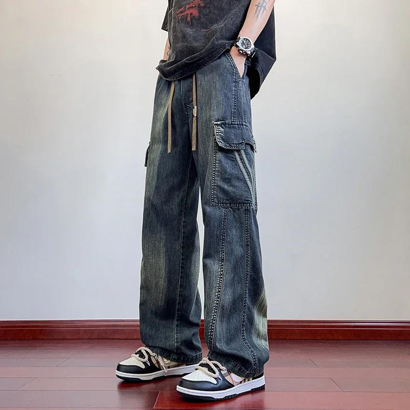Summer Wide Leg Washing Jean Flap Pockets Lightweight Cargo Pants Men Street Trousers Loose Casual Thin Summer Pant Big Size 8xl