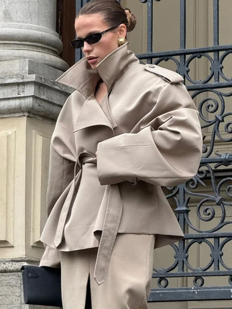 

Solid Lapel Lace Up Jacket Elegant Chic Full Sleeve Button Loose Long Coat For Women Office Lady Daily Commute Overcoat 2026
