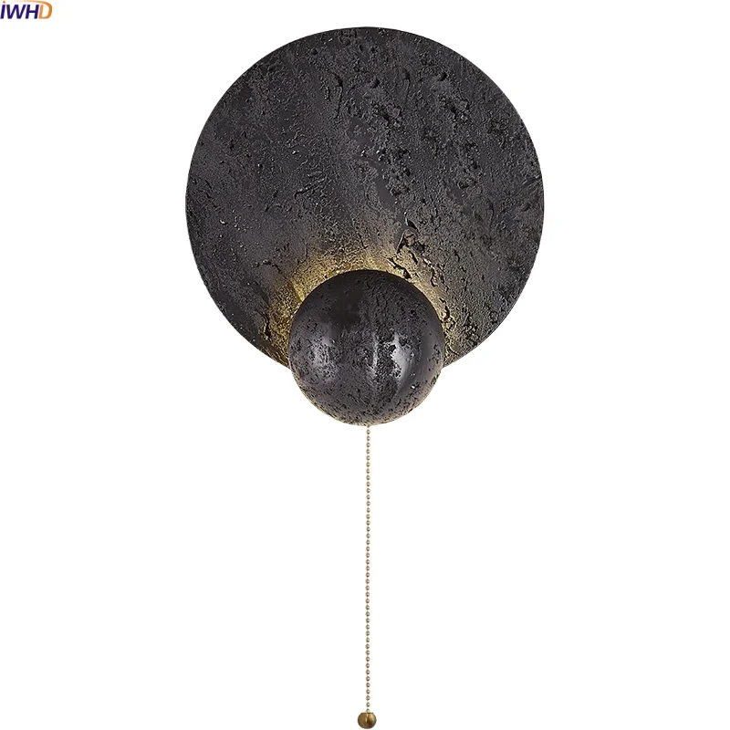 

IWHD Japan Style LED Wall Light Pull Chain Switch Black Travertine Wall Decoration Items Living Room Bedside Lamp Aplique Pared