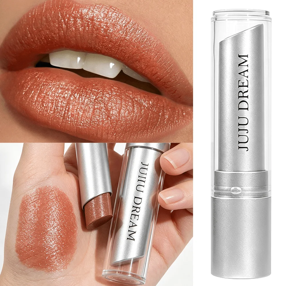 JUJU DREAM Silver Tube Shimmer Lipstick Warm Bronze Glitter Glossy Long Lasting Moisturizing European Lip Makeup