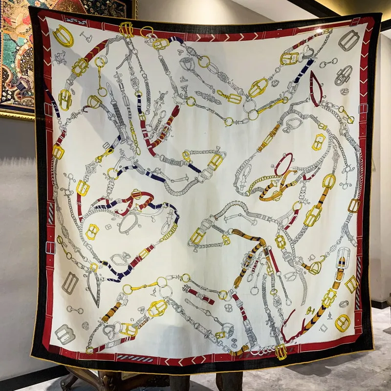 High-end Elegant Women Exquisite Chain Horse Double-sided Printed Quality Silk Wool Hand-rolled Edge Large Square Scarf Shawl