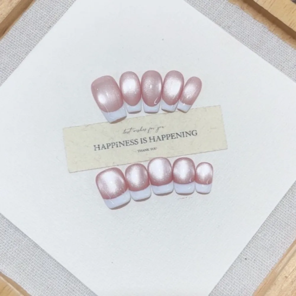 

10 Pieces Gentle Elegant Velvet Handmade Press On Nails Pink Glass Beads Cat Eye French Fake Nails Removable Reusable