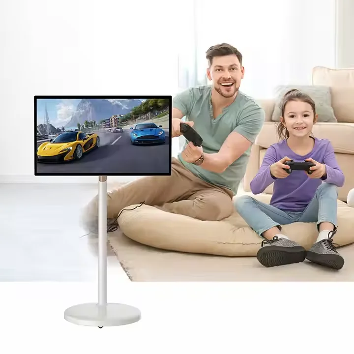 Factory OEM Portable Smart TV Stand for 21.5 Inch Android LCD Television Movable Rechargeable Wheel LED Touch Screen White WiFi