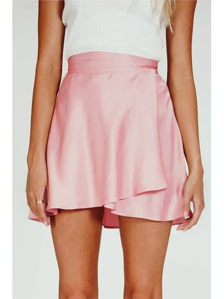 Fashion Mini Skirt Women Elegant Summer Solid Color High Waist One Piece Lace Up Chiffon Satin Skirt Women 2026