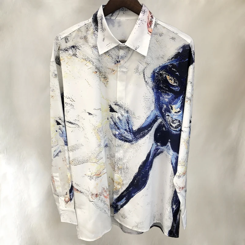 

Casual Abstract Art Contrasting Colors Print Shirt Spring Holiday Long Sleeved Men Loose Shirt Hawaiian Clothes Chemise Homme