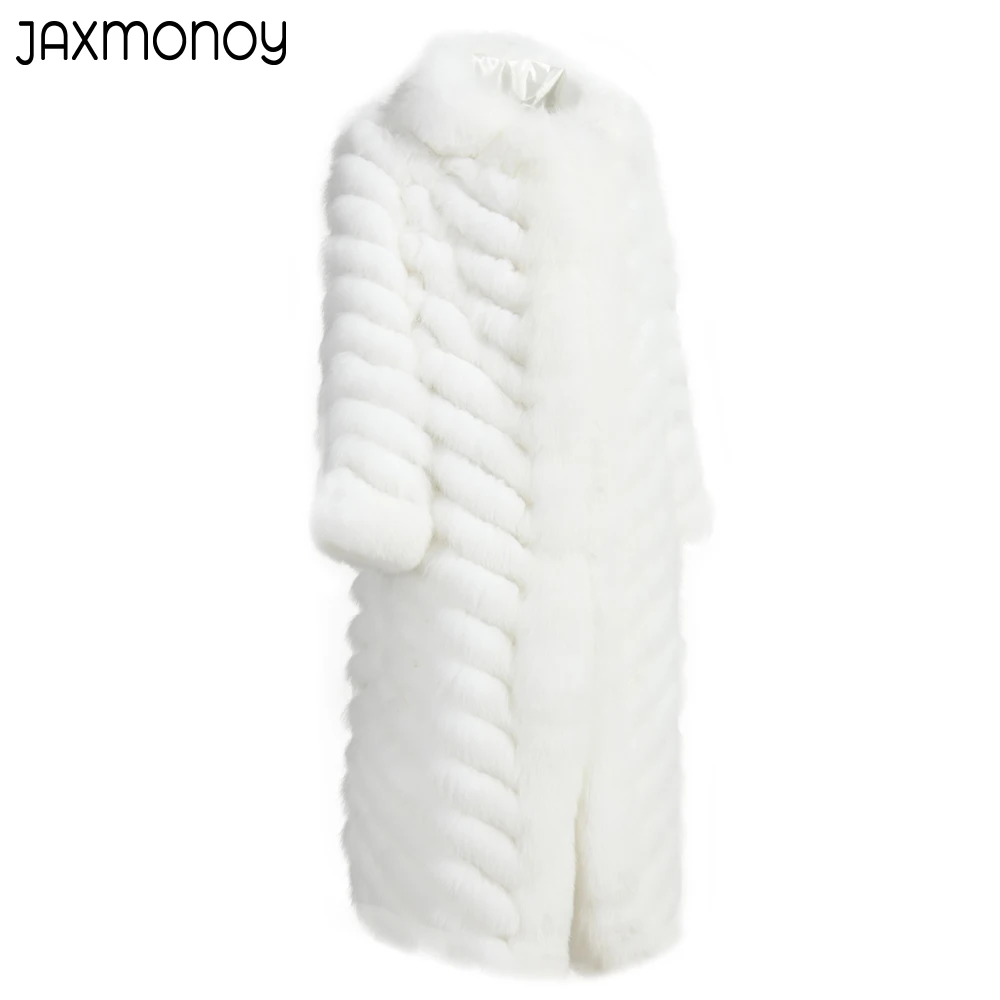 Jaxmonoy Winter Real Fox Fur Long Coat Women 100% Real Silk Liner Double Side Wear Trench 2022 New Warm Reversible Outerwear