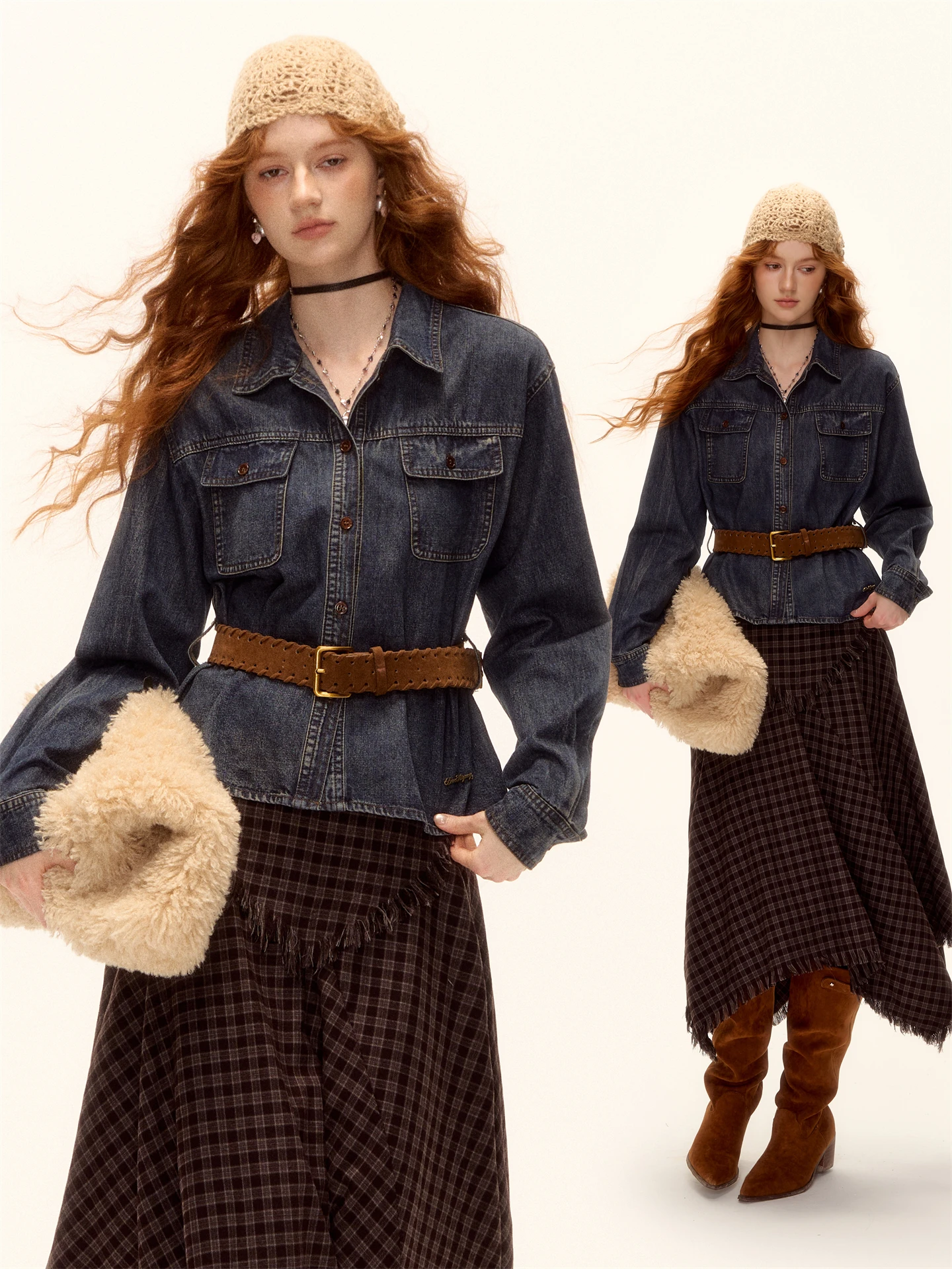 

AsGony винтажный джинсовый воротник с талией, утягивающий топ с поясом, украшенный женским повседневным длинным свечим цветом Faion