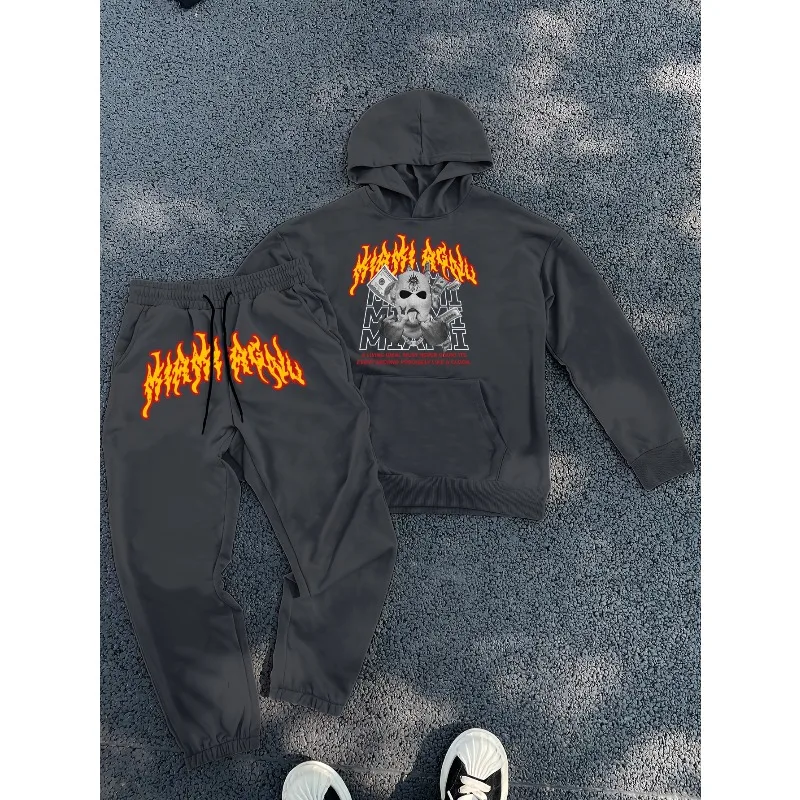 2025 بدلة رجالية شارع العصابات لهب ثلاثية الأبعاد مطبوعة الشارع كول نمط الكنغر حقيبة فضفاضة الكتف هوديي السراويل الرياضية مجموعة