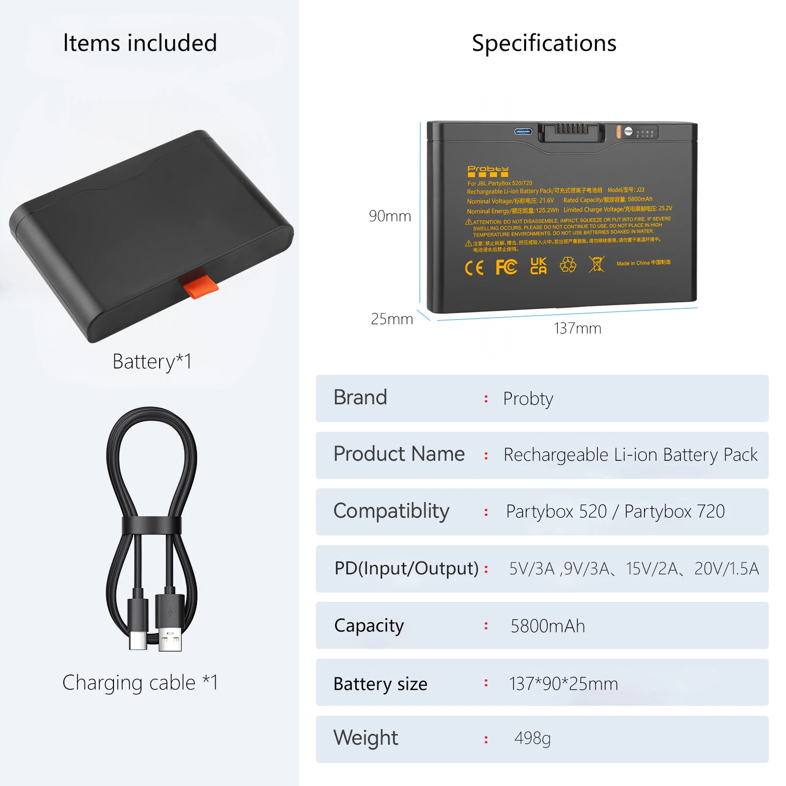 JBL PartyBox Stage 520/720용 5800mAh USB-C 충전식 배터리, PartyBox 520/720 휴대용 스피커용 예비 배터리